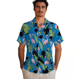 Women's Carolina Panthers Hawaiian Shirt – Blue Flamingo and Leaves Aloha Shirt