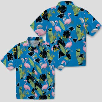 Women's Carolina Panthers Hawaiian Shirt – Blue Flamingo and Leaves Aloha Shirt