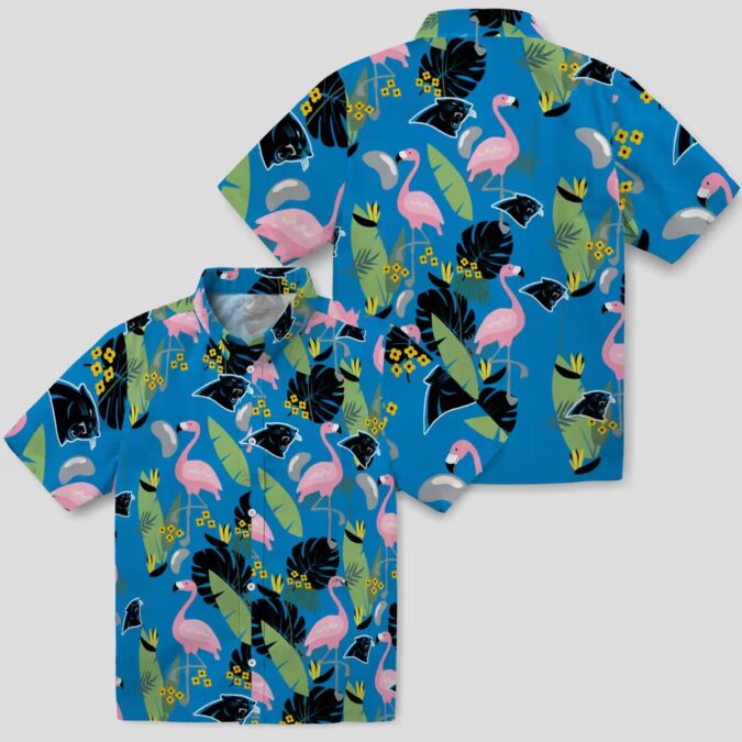 Women's Carolina Panthers Hawaiian Shirt – Blue Flamingo and Leaves Aloha Shirt