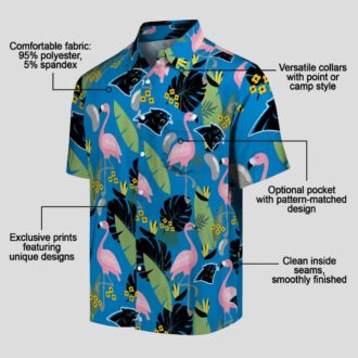 Women's Carolina Panthers Hawaiian Shirt – Blue Flamingo and Leaves Aloha Shirt