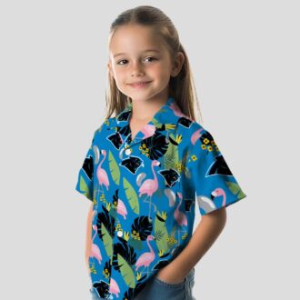 Women's Carolina Panthers Hawaiian Shirt – Blue Flamingo and Leaves Aloha Shirt