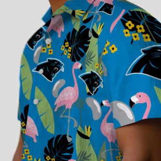 Women's Carolina Panthers Hawaiian Shirt – Blue Flamingo and Leaves Aloha Shirt