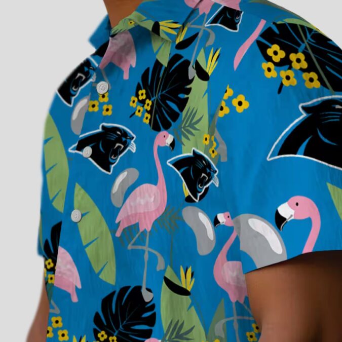 Women's Carolina Panthers Hawaiian Shirt – Blue Flamingo and Leaves Aloha Shirt