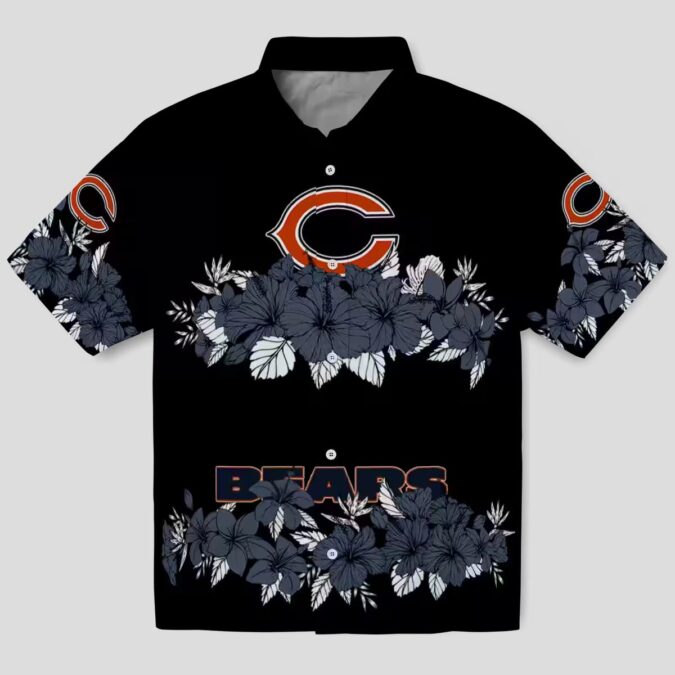Blue and Black Chicago Bears Hawaiian Shirt with Hibiscus Stripe Design