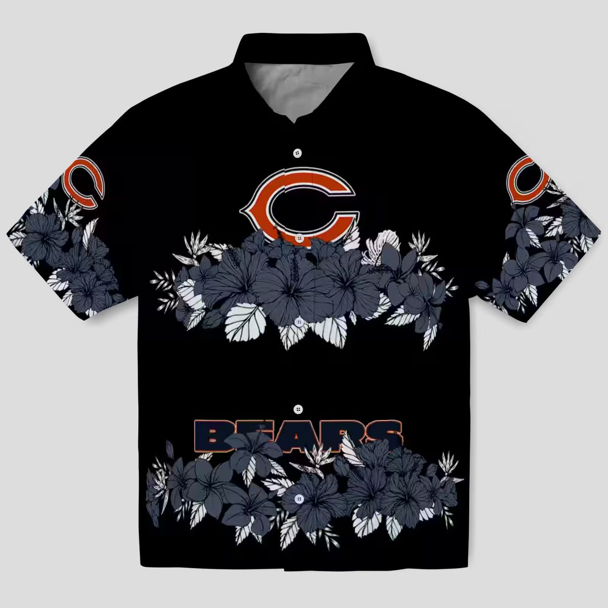 Blue and Black Chicago Bears Hawaiian Shirt with Hibiscus Stripe Design