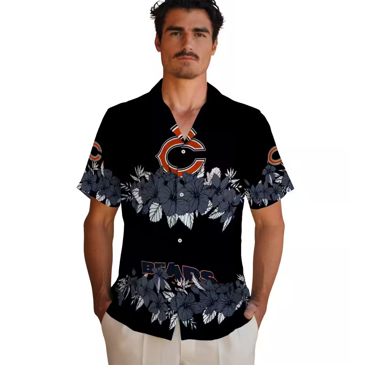 Blue and Black Chicago Bears Hawaiian Shirt with Hibiscus Stripe Design