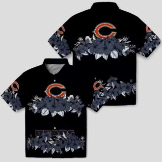 Blue and Black Chicago Bears Hawaiian Shirt with Hibiscus Stripe Design