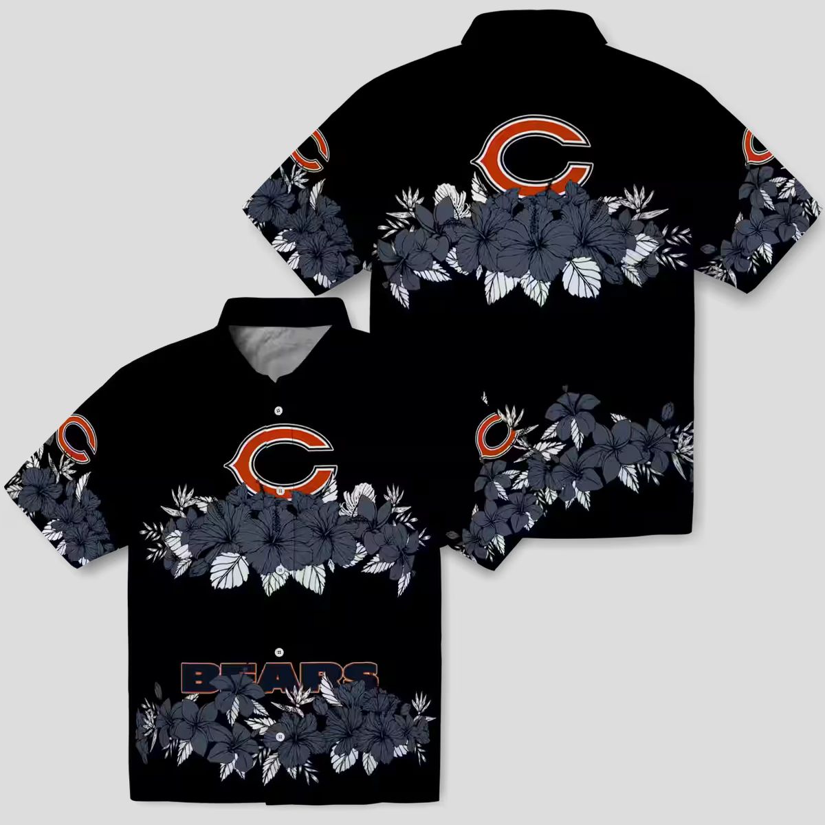 Blue and Black Chicago Bears Hawaiian Shirt with Hibiscus Stripe Design