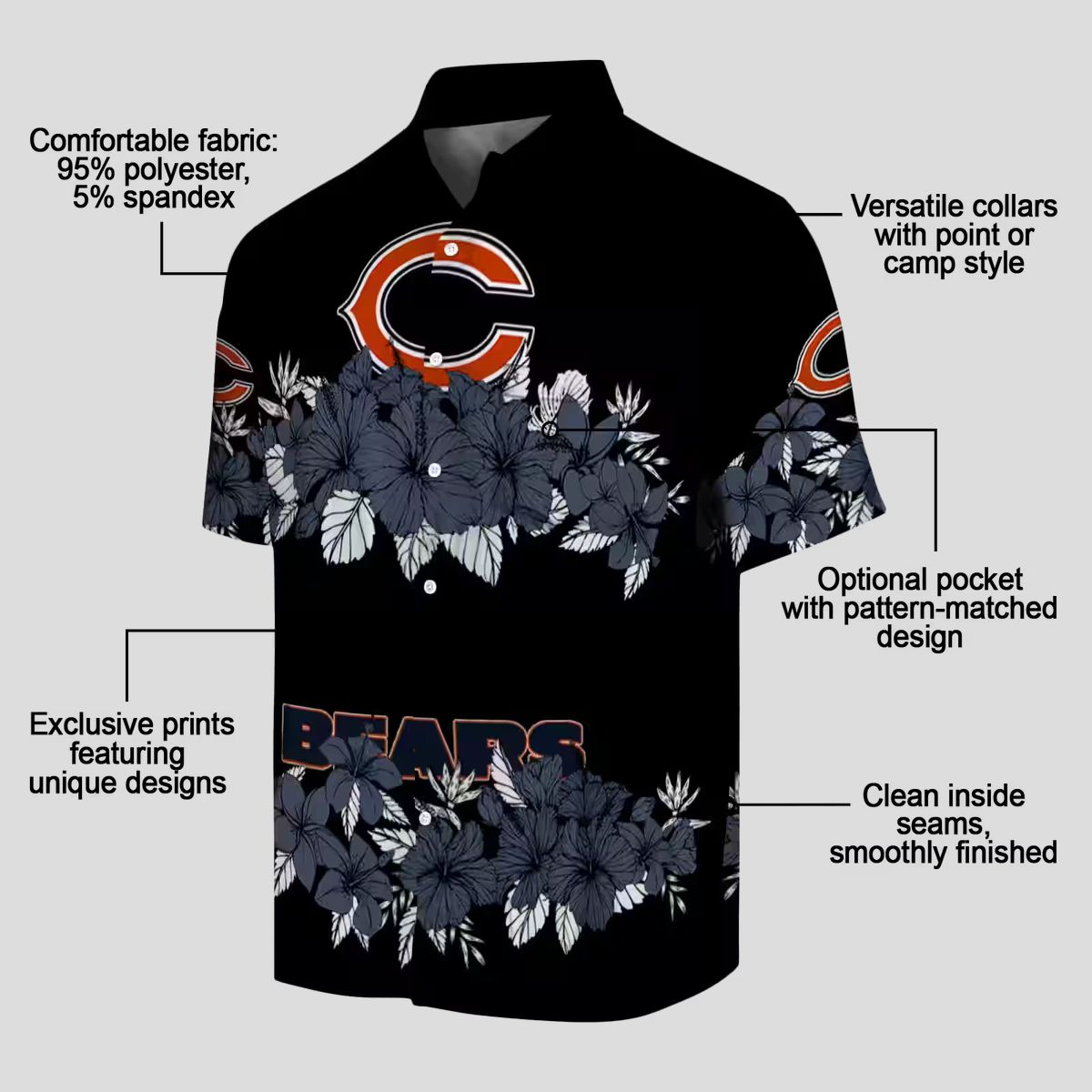Blue and Black Chicago Bears Hawaiian Shirt with Hibiscus Stripe Design