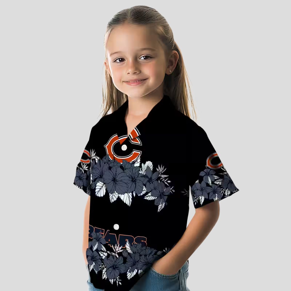 Blue and Black Chicago Bears Hawaiian Shirt with Hibiscus Stripe Design