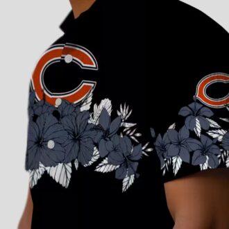 Blue and Black Chicago Bears Hawaiian Shirt with Hibiscus Stripe Design