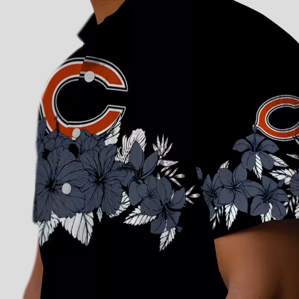 Blue and Black Chicago Bears Hawaiian Shirt with Hibiscus Stripe Design