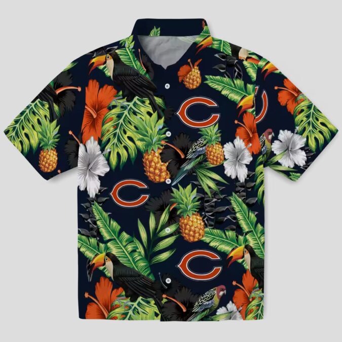 Chicago Bears Blue Green Hawaiian Shirt - Pineapple & Hibiscus Print Button Up