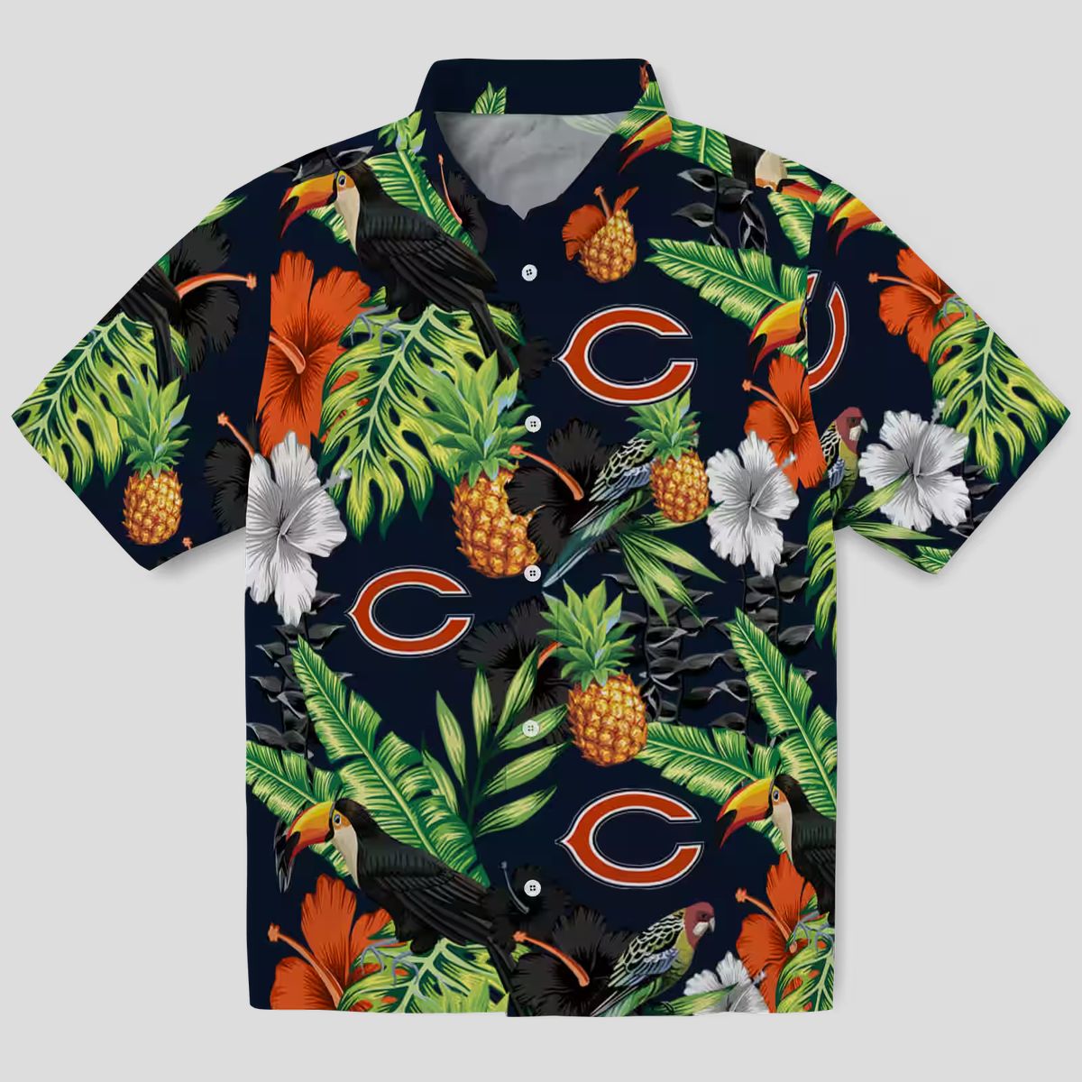 Chicago Bears Blue Green Hawaiian Shirt - Pineapple & Hibiscus Print Button Up