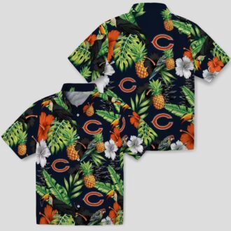 Chicago Bears Blue Green Hawaiian Shirt - Pineapple & Hibiscus Print Button Up