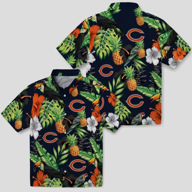 Chicago Bears Blue Green Hawaiian Shirt - Pineapple & Hibiscus Print Button Up