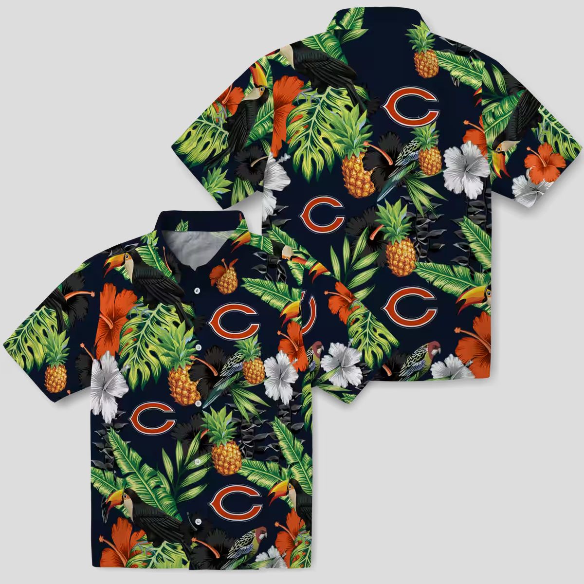 Chicago Bears Blue Green Hawaiian Shirt - Pineapple & Hibiscus Print Button Up