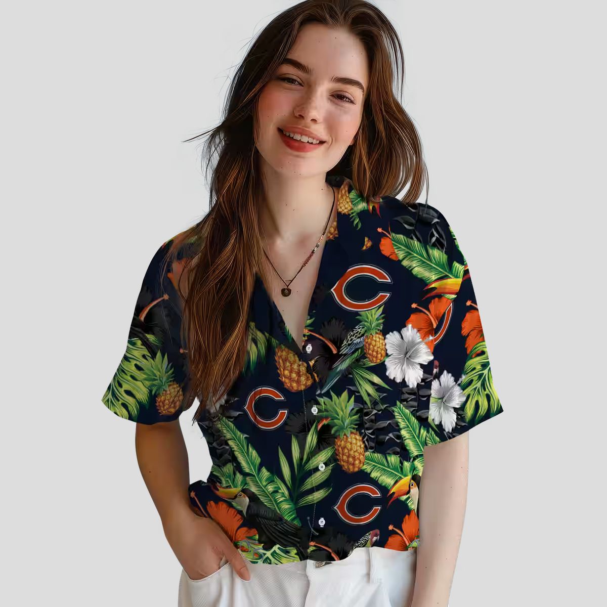 Chicago Bears Blue Green Hawaiian Shirt - Pineapple & Hibiscus Print Button Up