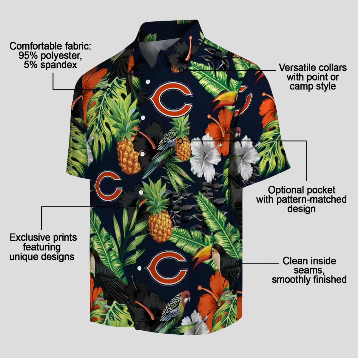 Chicago Bears Blue Green Hawaiian Shirt - Pineapple & Hibiscus Print Button Up