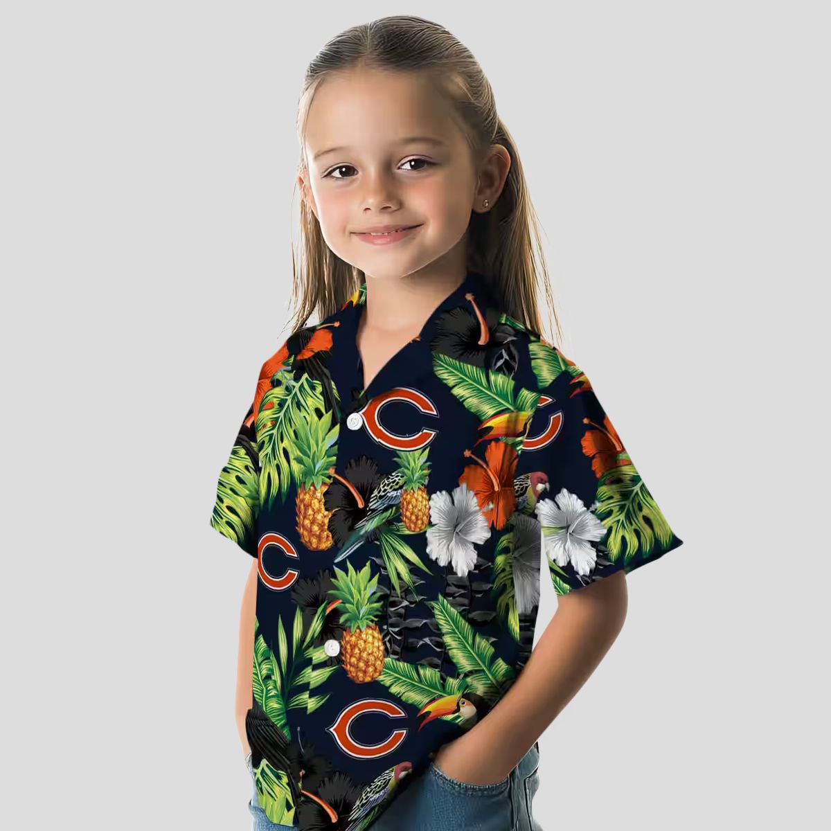Chicago Bears Blue Green Hawaiian Shirt - Pineapple & Hibiscus Print Button Up