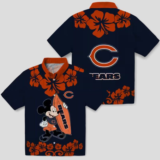 Chicago Bears Button Up Hawaiian Shirt, Surfing Mickey Blue Tropical Aloha Shirt