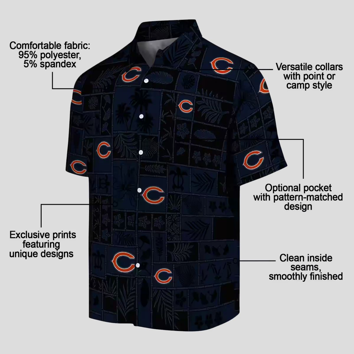 Chicago Bears Hawaiian Button Up Shirt – Tropical Patchwork Blue Black Aloha Shirt