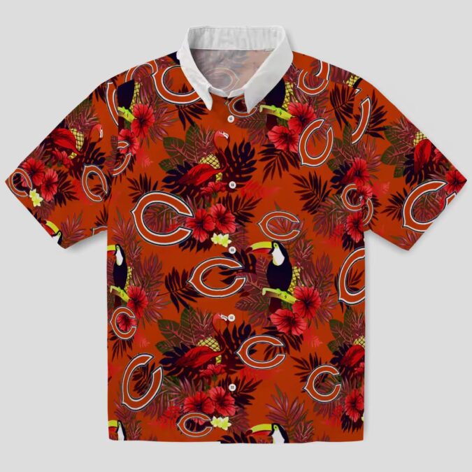 Chicago Bears Hawaiian Shirt - Floral Toucan Print Blue & Red Tropical Button Up
