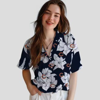 Chicago Bears Hibiscus Blooms Hawaiian Shirt - Blue & White Tropical Aloha Shirt