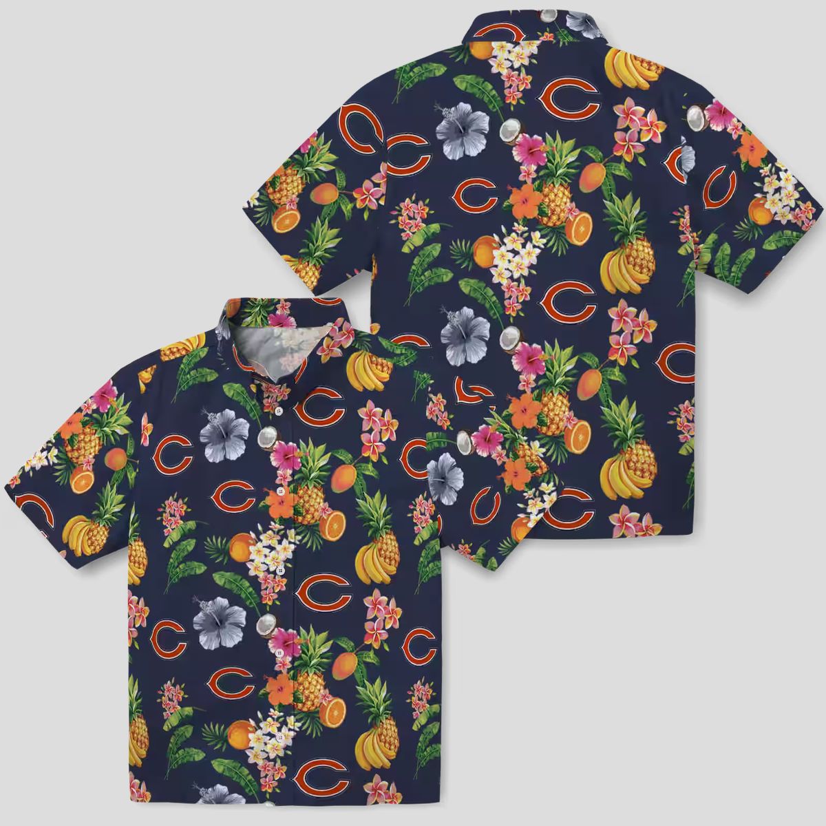 Chicago Bears Hibiscus Hawaiian Shirt, Navy Blue Tropical Aloha Shirt