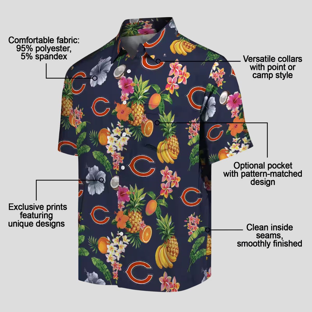 Chicago Bears Hibiscus Hawaiian Shirt, Navy Blue Tropical Aloha Shirt