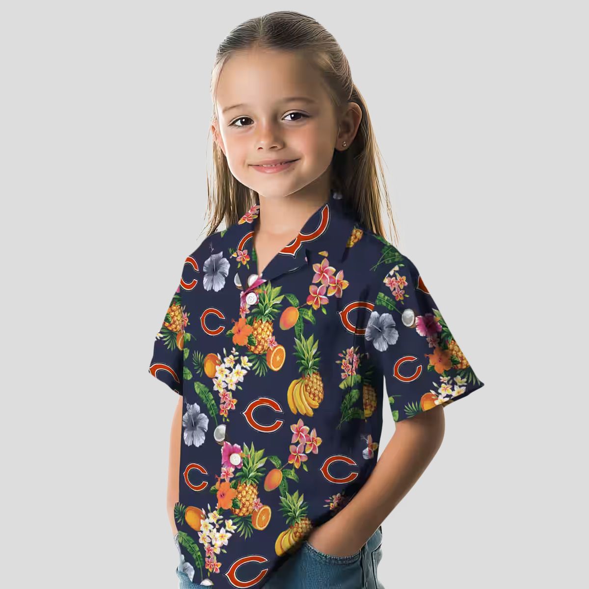 Chicago Bears Hibiscus Hawaiian Shirt, Navy Blue Tropical Aloha Shirt