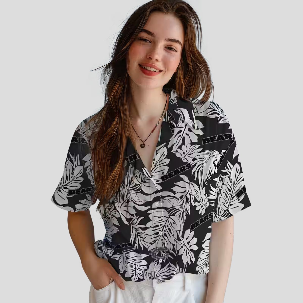 Chicago Bears NFL Hawaiian Shirt – Tropical Monstera Leaf Black Aloha Shirt for Men