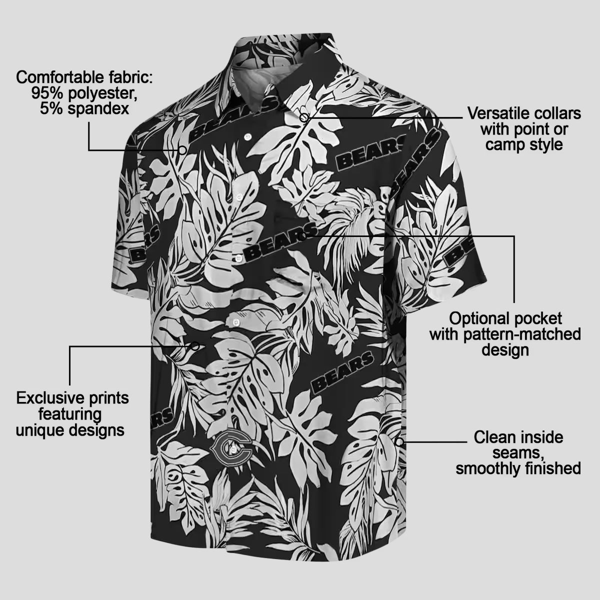 Chicago Bears NFL Hawaiian Shirt – Tropical Monstera Leaf Black Aloha Shirt for Men