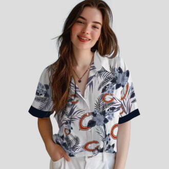 Chicago Bears Patriotic Aloha Hawaiian Shirt – Blue White Hibiscus Design