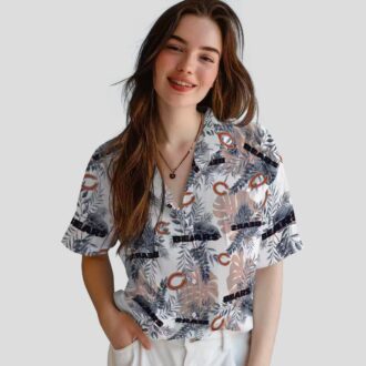 Chicago Bears Summer Hawaiian Shirt - Blue & White Tropical Leaves Button Up