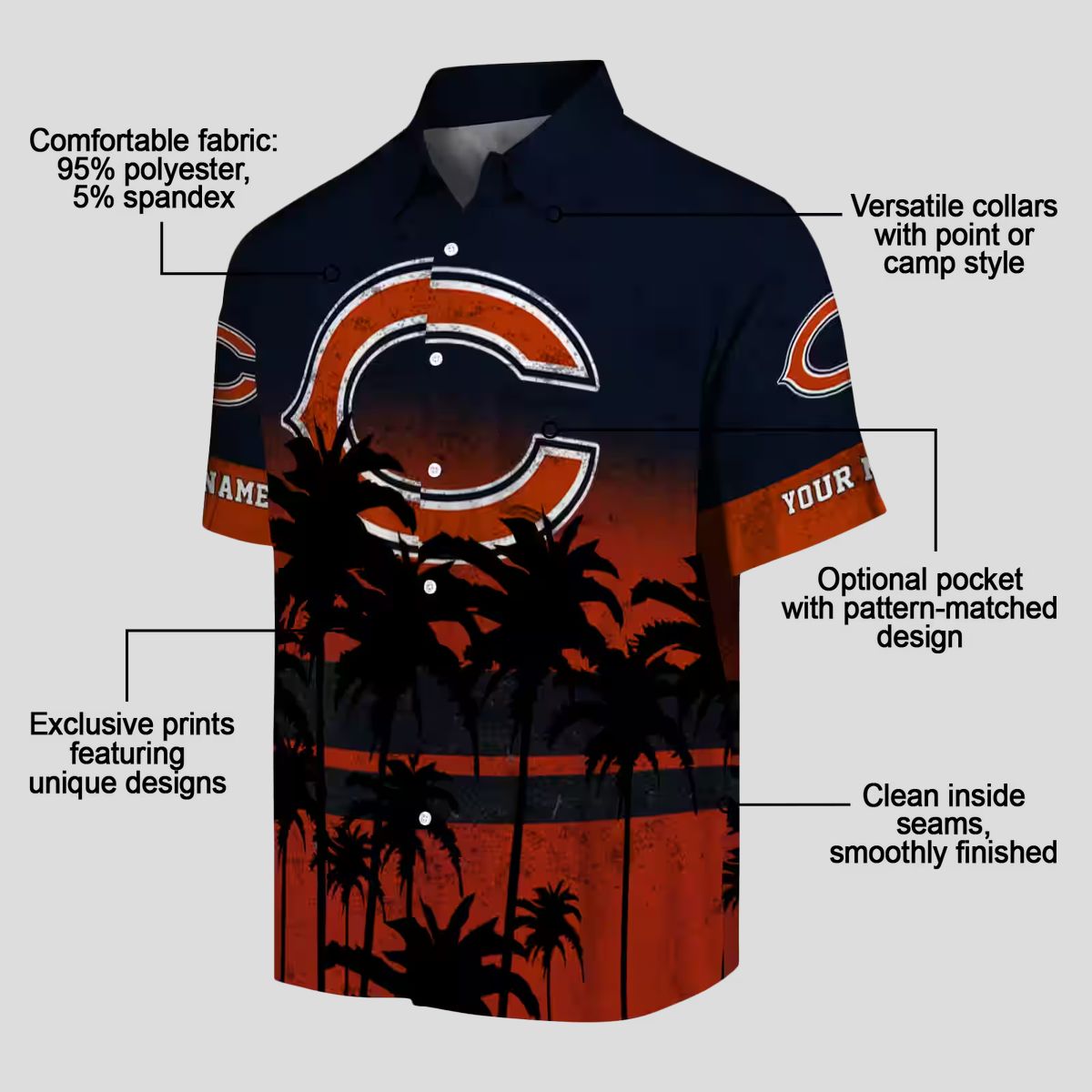 Chicago Bears Sunset Hawaiian Shirt – Personalized Blue Black Tropical Button Up