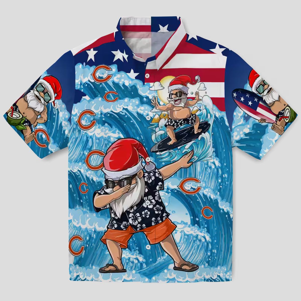 Chicago Bears Surfing Santa Blue Aloha Hawaiian Shirt - NFL Fan Apparel