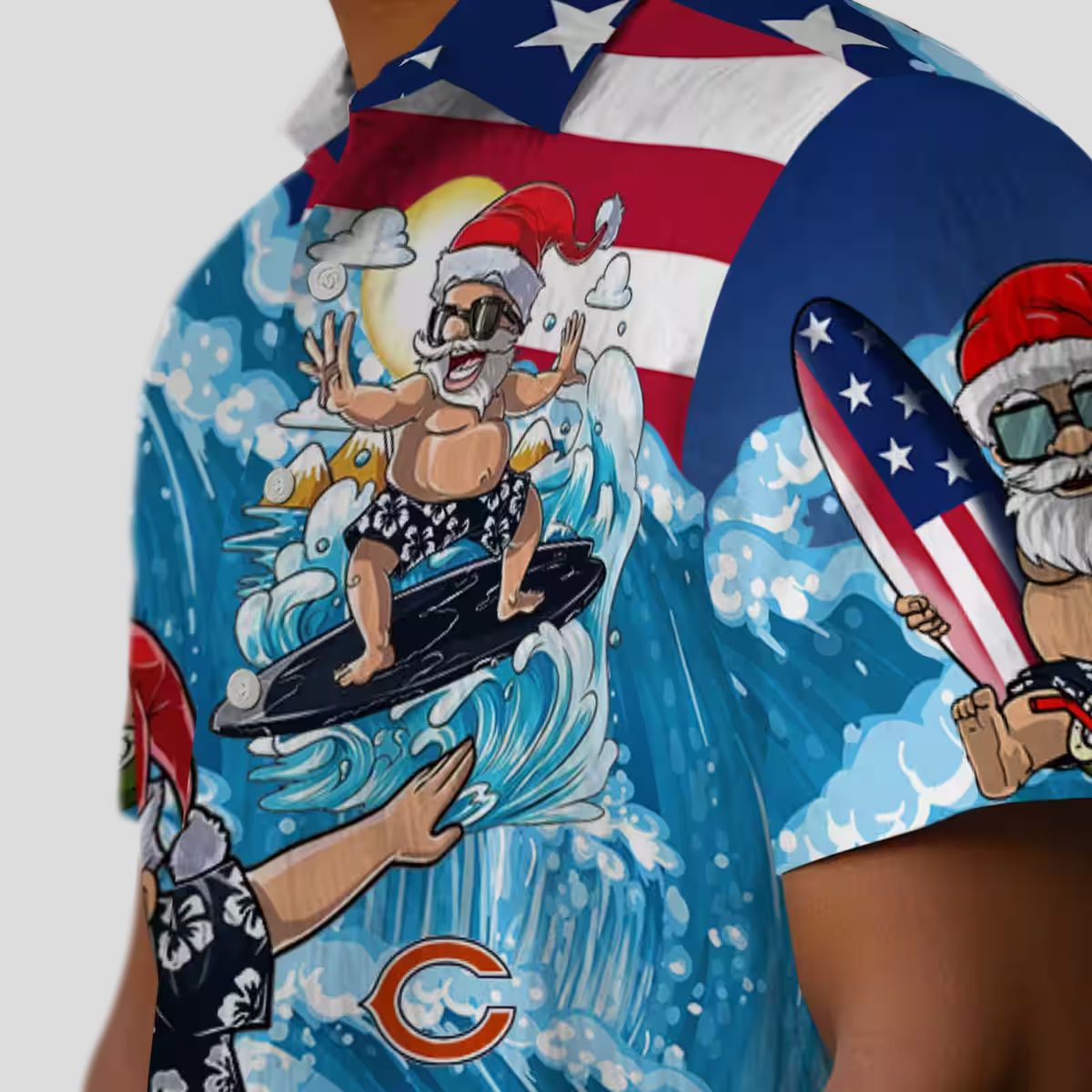 Chicago Bears Surfing Santa Blue Aloha Hawaiian Shirt - NFL Fan Apparel