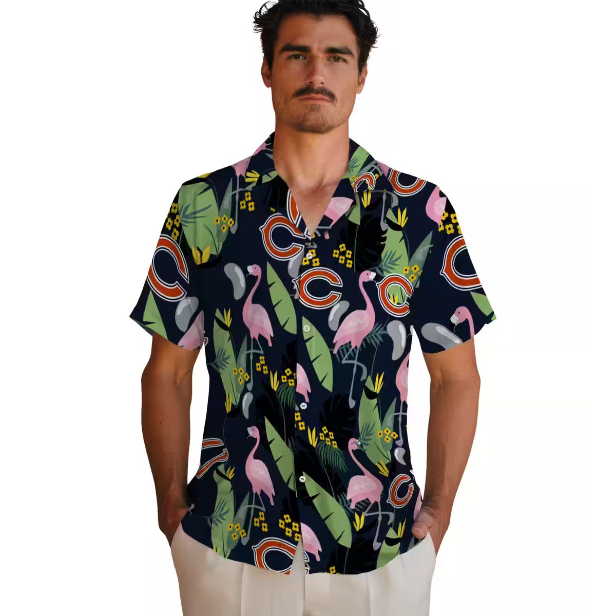 Chicago Bears Tropical Beach Hawaiian Shirt, Flamingo Leaves Blue Aloha Shirt for NFL Fans