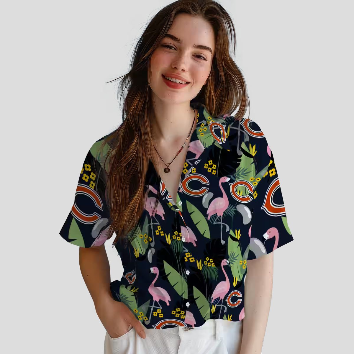 Chicago Bears Tropical Beach Hawaiian Shirt, Flamingo Leaves Blue Aloha Shirt for NFL Fans