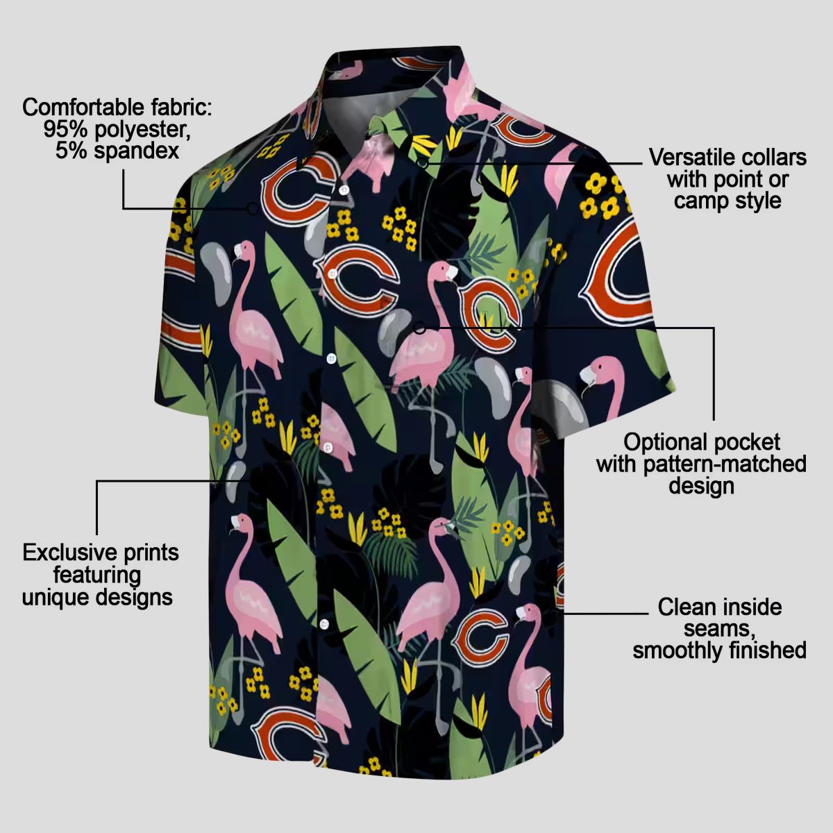 Chicago Bears Tropical Beach Hawaiian Shirt, Flamingo Leaves Blue Aloha Shirt for NFL Fans