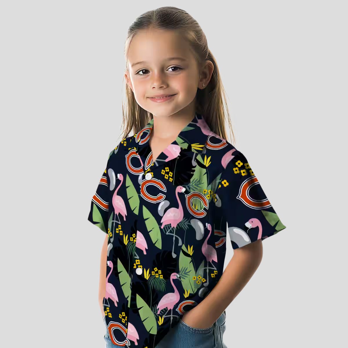 Chicago Bears Tropical Beach Hawaiian Shirt, Flamingo Leaves Blue Aloha Shirt for NFL Fans