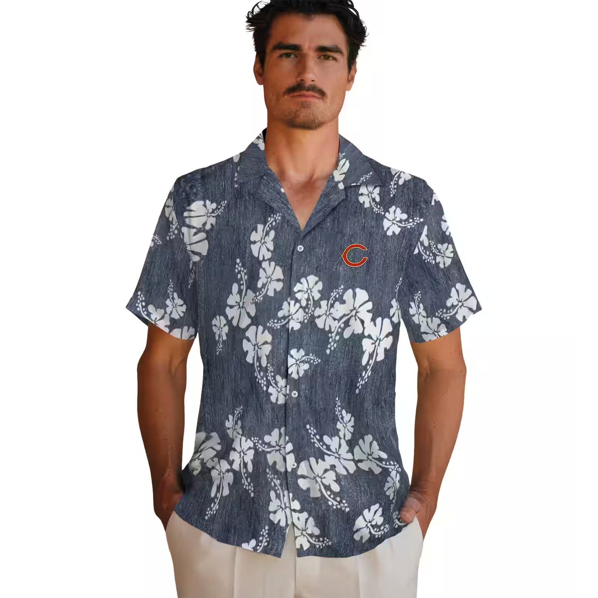Chicago Bears Tropical Blue Hawaiian Shirt - Hibiscus Cluster Print