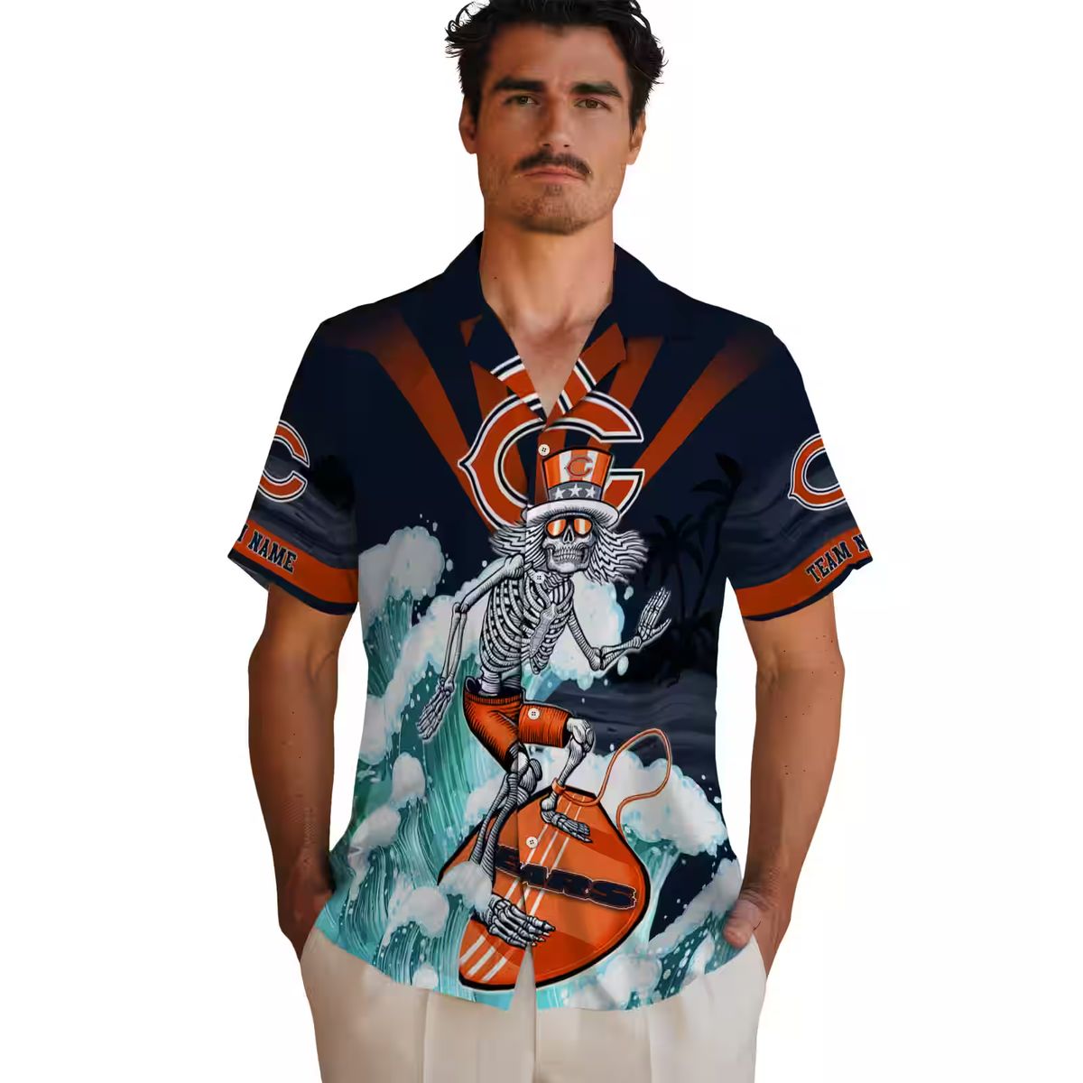 Surfing Skeleton Chicago Bears Hawaiian Shirt – Blue Tropical Aloha NFL Fan Apparel