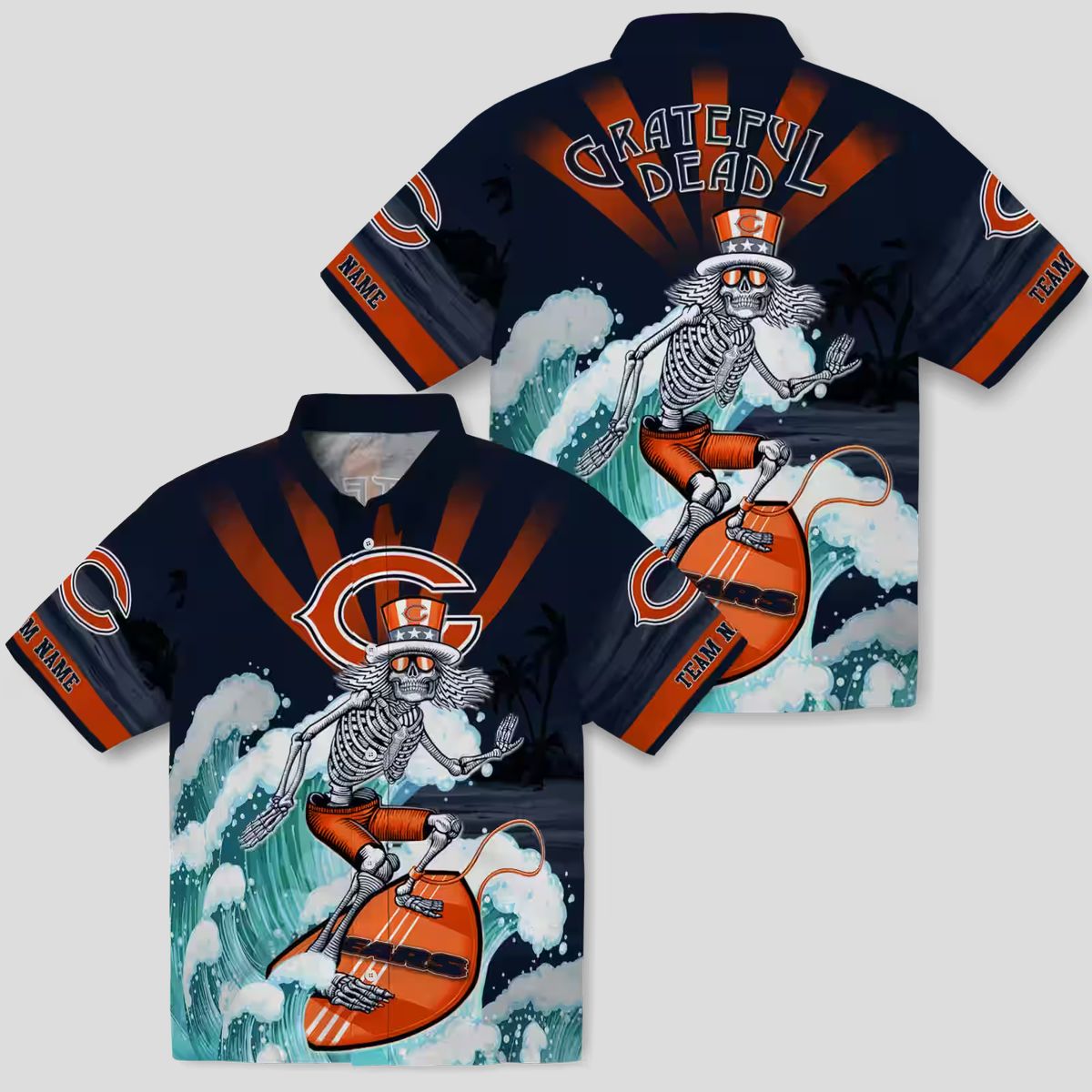 Surfing Skeleton Chicago Bears Hawaiian Shirt – Blue Tropical Aloha NFL Fan Apparel