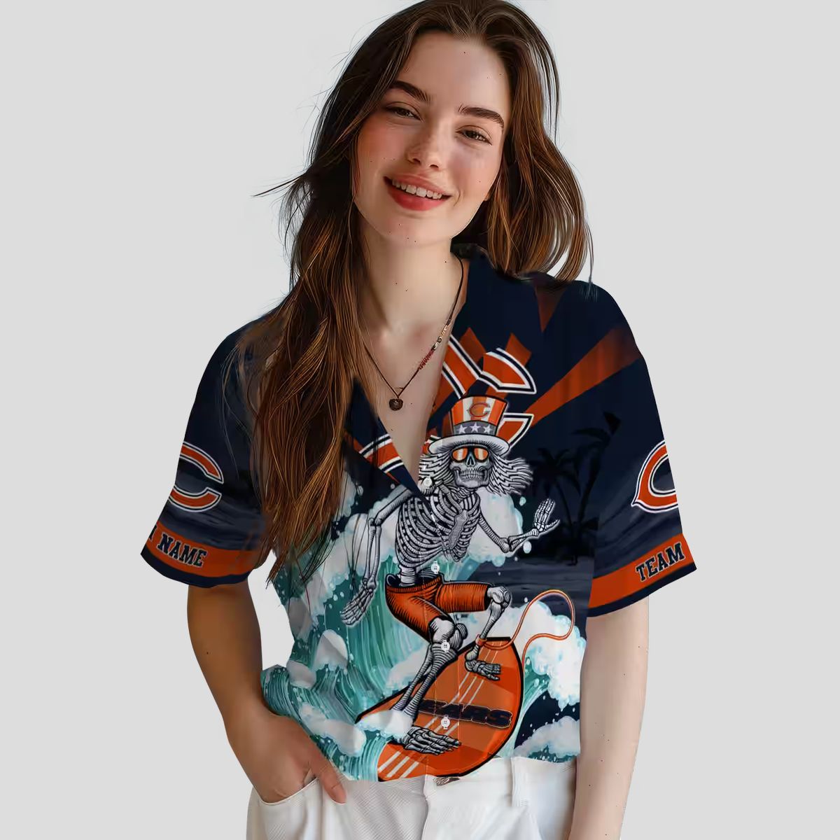Surfing Skeleton Chicago Bears Hawaiian Shirt – Blue Tropical Aloha NFL Fan Apparel