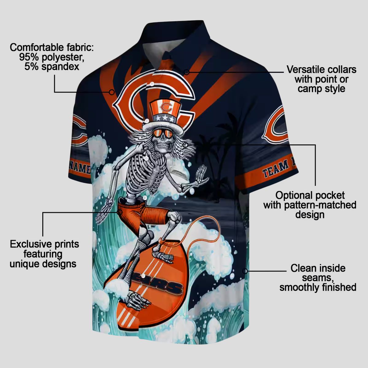 Surfing Skeleton Chicago Bears Hawaiian Shirt – Blue Tropical Aloha NFL Fan Apparel
