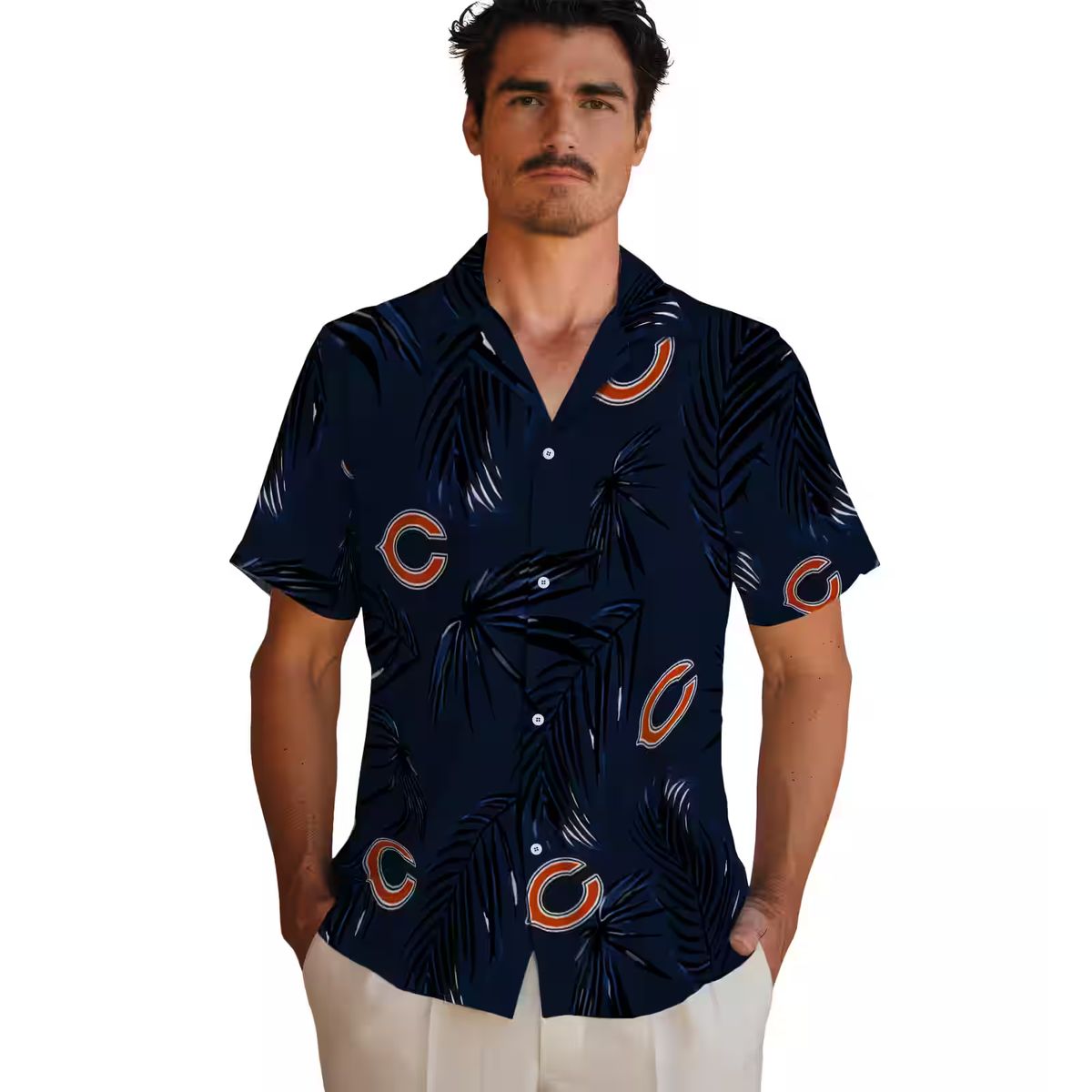 Tropical Chicago Bears Button Up Hawaiian Shirt, Palm Leaf Blue Aloha Shirt