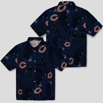 Tropical Chicago Bears Button Up Hawaiian Shirt, Palm Leaf Blue Aloha Shirt