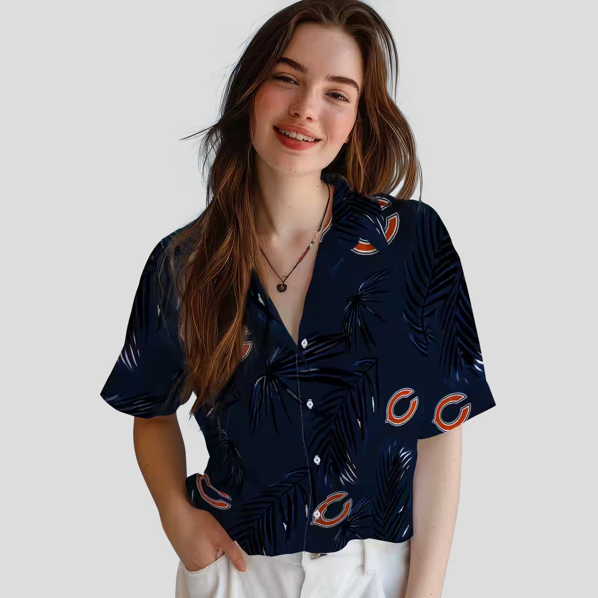 Tropical Chicago Bears Button Up Hawaiian Shirt, Palm Leaf Blue Aloha Shirt